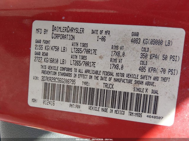 Продаж на аукціоні авто 2006 Dodge Ram 2500 Slt, vin: 3D7KR29C56G208795, номер лоту: 45116627