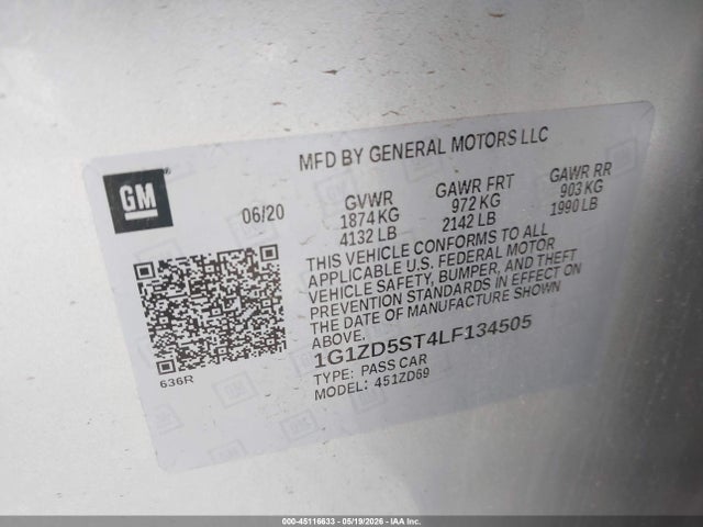 Aukcja sprzedaży 2020 Chevrolet Malibu Fwd Lt, vin: 1G1ZD5ST4LF134505, numer aukcji: 45116633