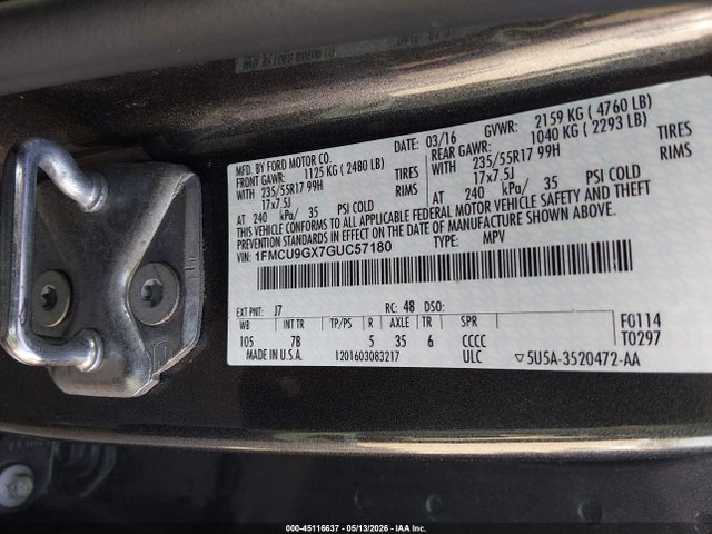 Продаж на аукціоні авто 2016 Ford Escape Se, vin: 1FMCU9GX7GUC57180, номер лоту: 45116637