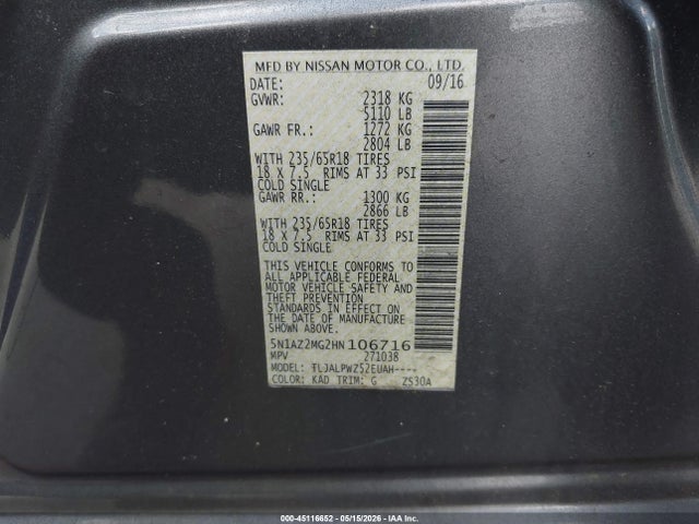 2017 Nissan Murano S მანქანა იყიდება აუქციონზე, vin: 5N1AZ2MG2HN106716, აუქციონის ნომერი: 45116652