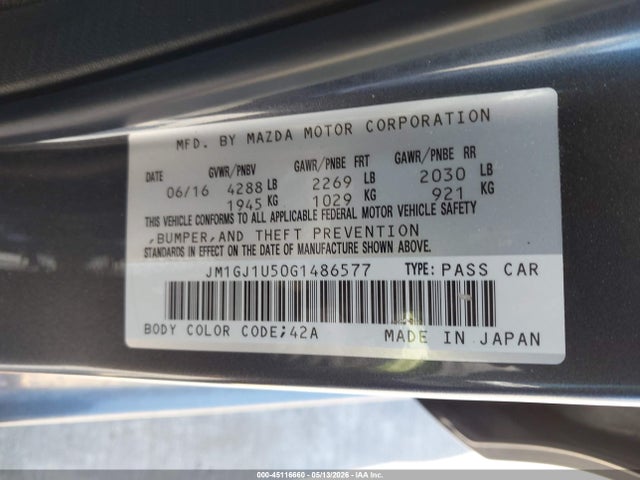 45116660 :رقم المزاد ، JM1GJ1U50G1486577 vin ، 2016 Mazda Mazda6 I Sport مزاد بيع