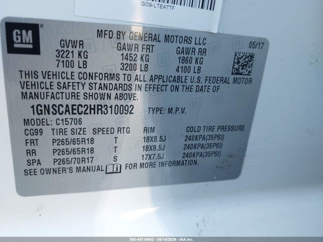 Aukcja sprzedaży 2017 Chevrolet Tahoe Ls, vin: 1GNSCAEC2HR310092, numer aukcji: 45116662