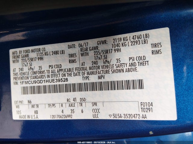 1FMCU9GD1HUE39528 Ford ESCAPE SE