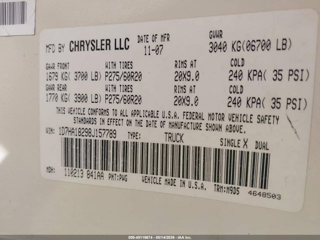 Aukcja sprzedaży 2008 Dodge Ram 1500 Slt, vin: 1D7HA18298J157789, numer aukcji: 45116674