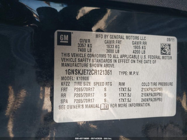 Продажа на аукционе авто 2012 Chevrolet Suburban 1500 Lt, vin: 1GNSKJE72CR121361, номер лота: 45116690