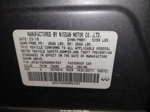 Продажа на аукционе авто 2019 Infiniti Q50 3.0t Luxe, vin: JN1EV7AR5KM591597, номер лота: 45116698