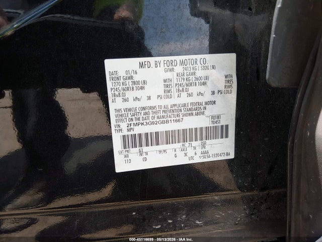 2016 Ford Edge Se მანქანა იყიდება აუქციონზე, vin: 2FMPK3G92GBB11667, აუქციონის ნომერი: 45116699