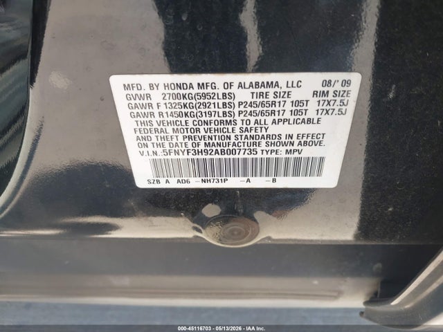 Продаж на аукціоні авто 2010 Honda Pilot Touring, vin: 5FNYF3H92AB007735, номер лоту: 45116703
