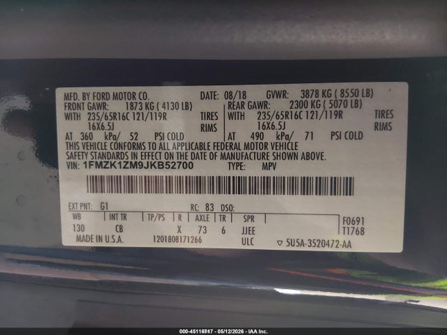 1FMZK1ZM9JKB52700 Ford Transit-150 Xl