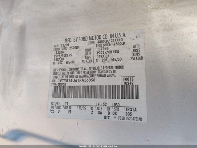 Aukcja sprzedaży 2001 Ford Ranger Edge/xl/xlt, vin: 1FTYR14U61PA56058, numer aukcji: 45116718
