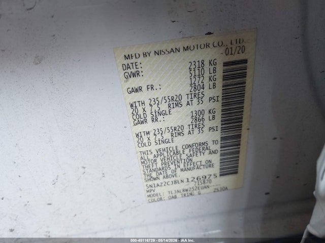 5N1AZ2CJ8LN126975 Nissan Murano Sl Fwd