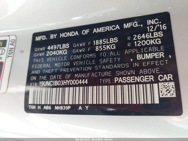 45116732 :رقم المزاد ، 19UNC1B03HY000444 vin ، 2017 Acura Nsx مزاد بيع