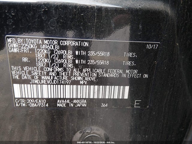 Aukcja sprzedaży 2018 Toyota Rav4 Hybrid Limited, vin: JTMDJREV0JD174197, numer aukcji: 45116758