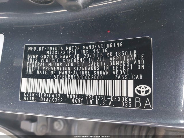 5YFBURHE0HP602660 Toyota COROLLA L