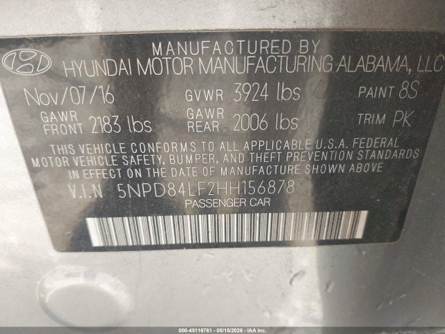 Aukcja sprzedaży 2017 Hyundai Elantra Se, vin: 5NPD84LF2HH156878, numer aukcji: 45116761