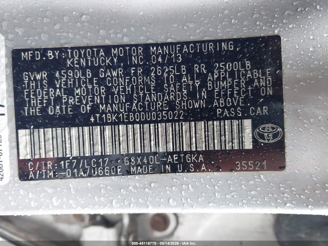 Auction sale of the 2013 Toyota Avalon Xle Premium, vin: 4T1BK1EB0DU035022, lot number: 45116770