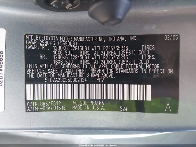 2005 Toyota Sienna Le მანქანა იყიდება აუქციონზე, vin: 5TDZA23C35S302134, აუქციონის ნომერი: 45116774