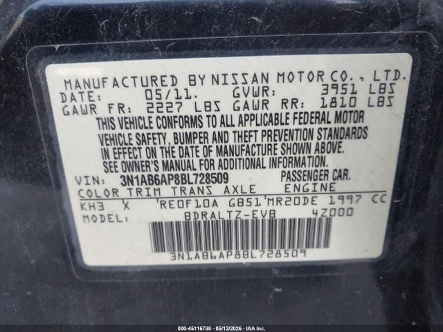 Продаж на аукціоні авто 2011 Nissan Sentra 2.0sr, vin: 3N1AB6AP8BL728509, номер лоту: 45116788