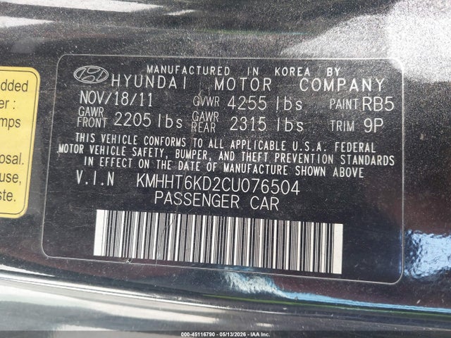 2012 Hyundai Genesis 2.0t Premium მანქანა იყიდება აუქციონზე, vin: KMHHT6KD2CU076504, აუქციონის ნომერი: 45116790