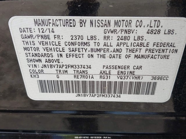 Aukcja sprzedaży 2015 Infiniti Q50 Premium, vin: JN1BV7AP2FM337434, numer aukcji: 45116792