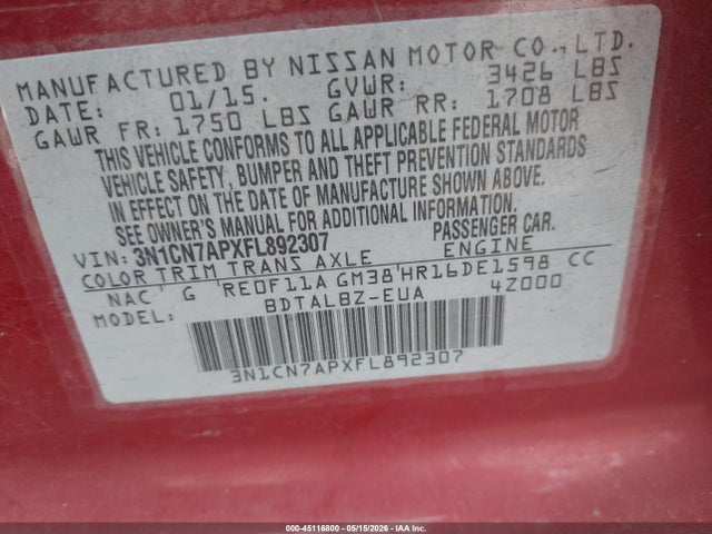 Nissan Versa 1.6 Sv 2015 3N1CN7APXFL892307 Image 9
