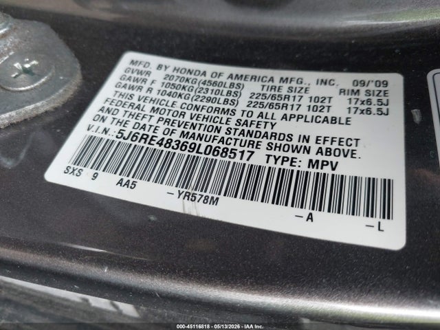 2009 Honda Cr-v Lx მანქანა იყიდება აუქციონზე, vin: 5J6RE48369L068517, აუქციონის ნომერი: 45116818