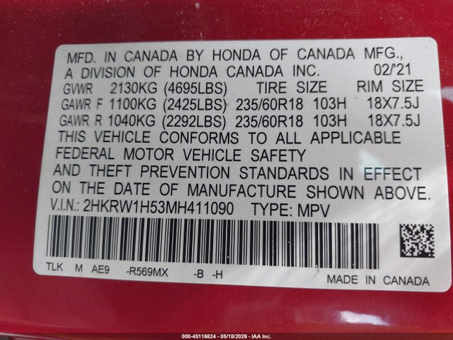 2HKRW1H53MH411090 Honda Cr-v 2wd Ex