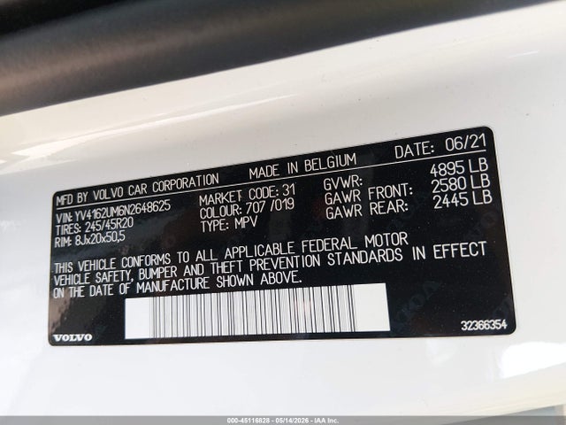 Aukcja sprzedaży 2022 Volvo Xc40 T5 R-design, vin: YV4162UM6N2648625, numer aukcji: 45116828