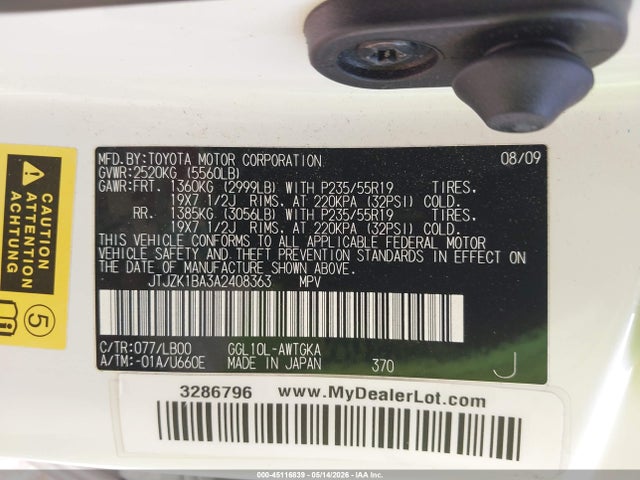45116839 :رقم المزاد ، JTJZK1BA3A2408363 vin ، 2010 Lexus Rx 350 مزاد بيع