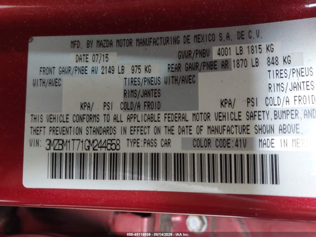 Aukcja sprzedaży 2016 Mazda Mazda3 I Sport, vin: 3MZBM1T71GM244658, numer aukcji: 45116859