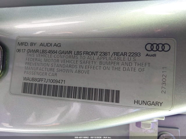 2018 Audi A3 2.0t Premium/2.0t Tech Premium მანქანა იყიდება აუქციონზე, vin: WAUB8GFF7J1009471, აუქციონის ნომერი: 45116862