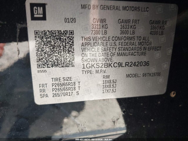 45116874 :رقم المزاد ، 1GKS2BKC9LR242036 vin ، 2020 Gmc Yukon 4wd Slt مزاد بيع