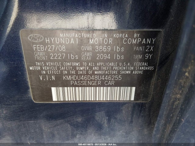 Aukcja sprzedaży 2008 Hyundai Elantra Gls/se, vin: KMHDU46D48U446255, numer aukcji: 45116875
