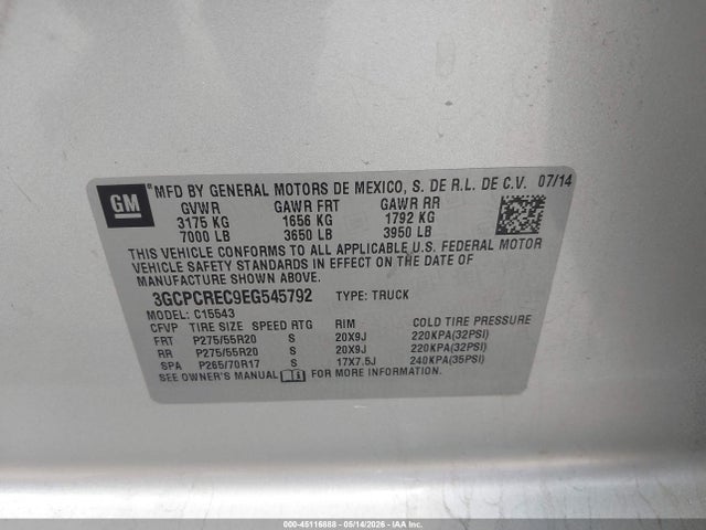 2014 Chevrolet Silverado 1500 1lt მანქანა იყიდება აუქციონზე, vin: 3GCPCREC9EG545792, აუქციონის ნომერი: 45116888