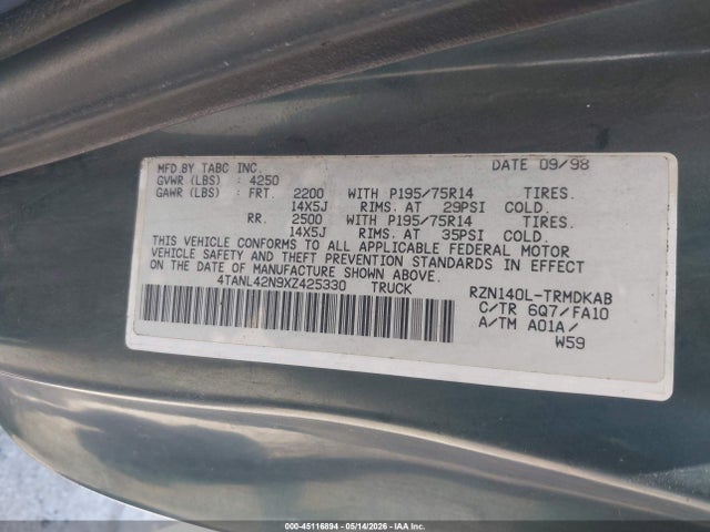 Продажа на аукционе авто 1999 Toyota Tacoma, vin: 4TANL42N9XZ425330, номер лота: 45116894