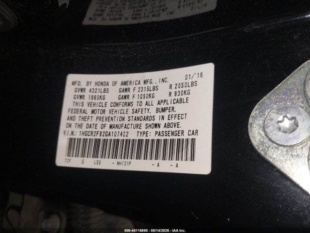 Honda Accord Ex-l 2016 1HGCR2F92GA107402 Image 9