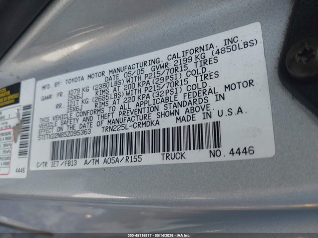 Aukcja sprzedaży 2005 Toyota Tacoma, vin: 5TETX22N85Z095363, numer aukcji: 45116917