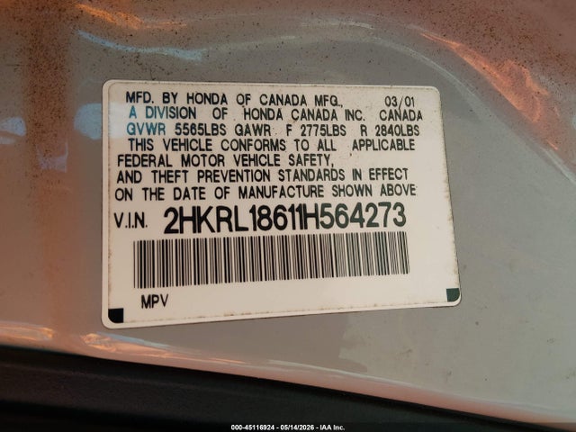 45116924 :رقم المزاد ، 2HKRL18611H564273 vin ، 2001 Honda Odyssey Ex مزاد بيع