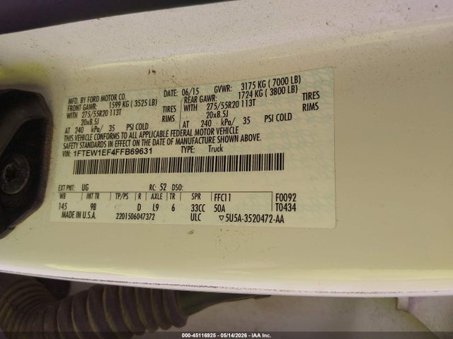 2015 Ford F-150 Platinum მანქანა იყიდება აუქციონზე, vin: 1FTEW1EF4FFB69631, აუქციონის ნომერი: 45116925