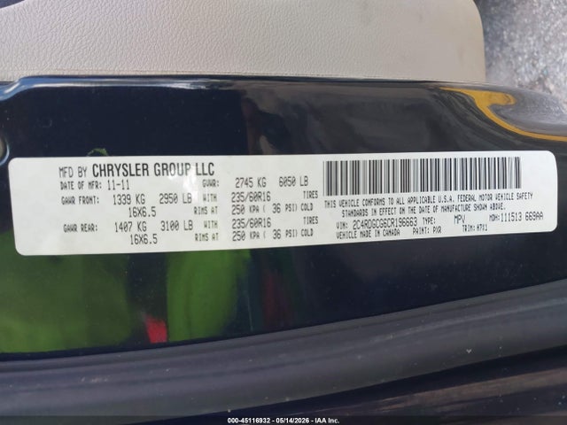 Продаж на аукціоні авто 2012 Dodge Grand Caravan Sxt, vin: 2C4RDGCG6CR196663, номер лоту: 45116932