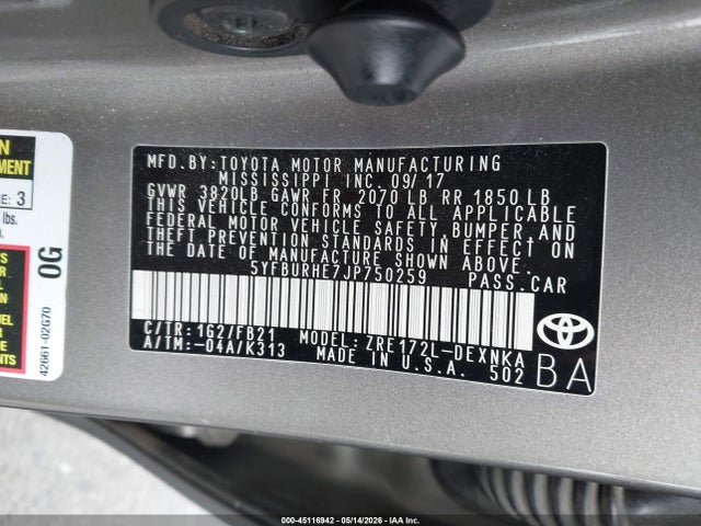 5YFBURHE7JP750259 Toyota COROLLA LE