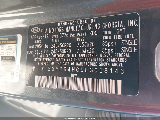 2020 Kia Telluride S მანქანა იყიდება აუქციონზე, vin: 5XYP64HC9LG018143, აუქციონის ნომერი: 45116943