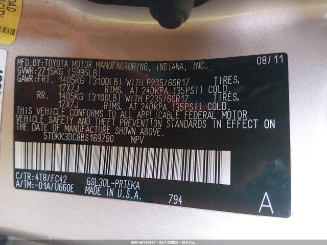 Продаж на аукціоні авто 2011 Toyota Sienna Le V6, vin: 5TDKK3DC8BS169790, номер лоту: 45116947