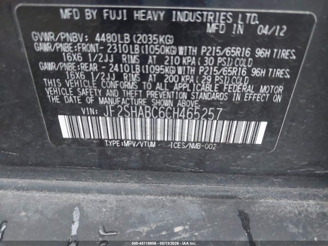 Продажа на аукционе авто 2012 Subaru Forester 2.5x, vin: JF2SHABC6CH465257, номер лота: 45116956