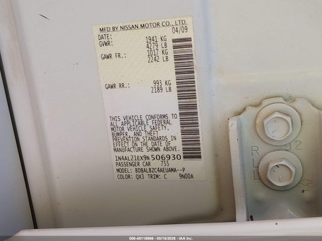 Продажа на аукционе авто 2009 Nissan Altima 2.5 S, vin: 1N4AL21EX9N506930, номер лота: 45116966