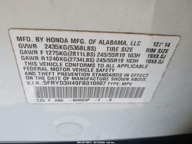 Продаж на аукціоні авто 2015 Acura Mdx Technology Package, vin: 5FRYD3H49FB010907, номер лоту: 45116972