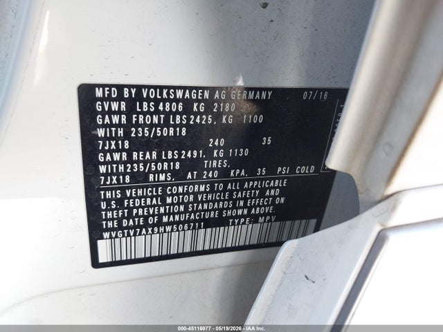 Aukcja sprzedaży 2017 Volkswagen Tiguan 2.0t Sport, vin: WVGTV7AX9HW506711, numer aukcji: 45116977