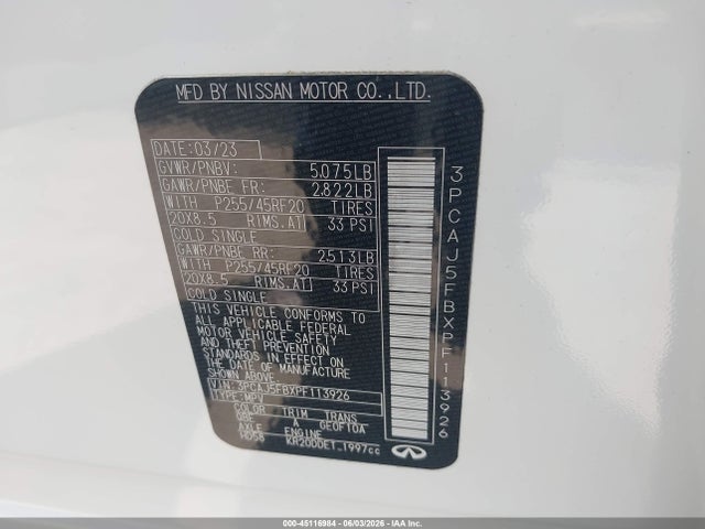 45116984 :رقم المزاد ، 3PCAJ5FBXPF113926 vin ، 2023 Infiniti Qx50 Sport Awd مزاد بيع