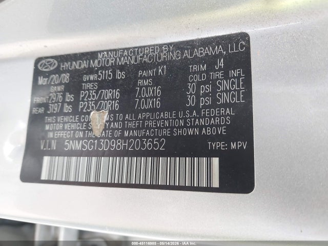 Продаж на аукціоні авто 2008 Hyundai Santa Fe Gls, vin: 5NMSG13D98H203652, номер лоту: 45116985
