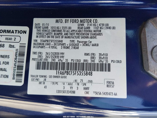 Продажа на аукционе авто 2015 Ford Mustang Gt Premium, vin: 1FA6P8CF5F5355848, номер лота: 45116989